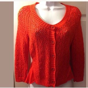 KNITTED & KNOTTED Orange Cardi Sweater tie back Open Knit Scoop Neck Layering